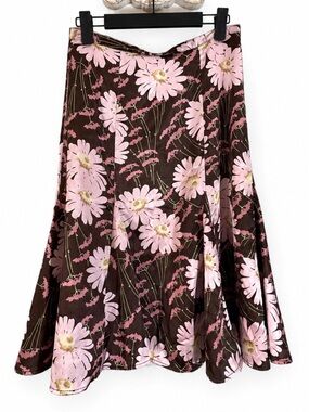 RW & Co Y2K Brown Pink Floral Satin Midi Skirt Godet Panels Lined 00 26” Waist